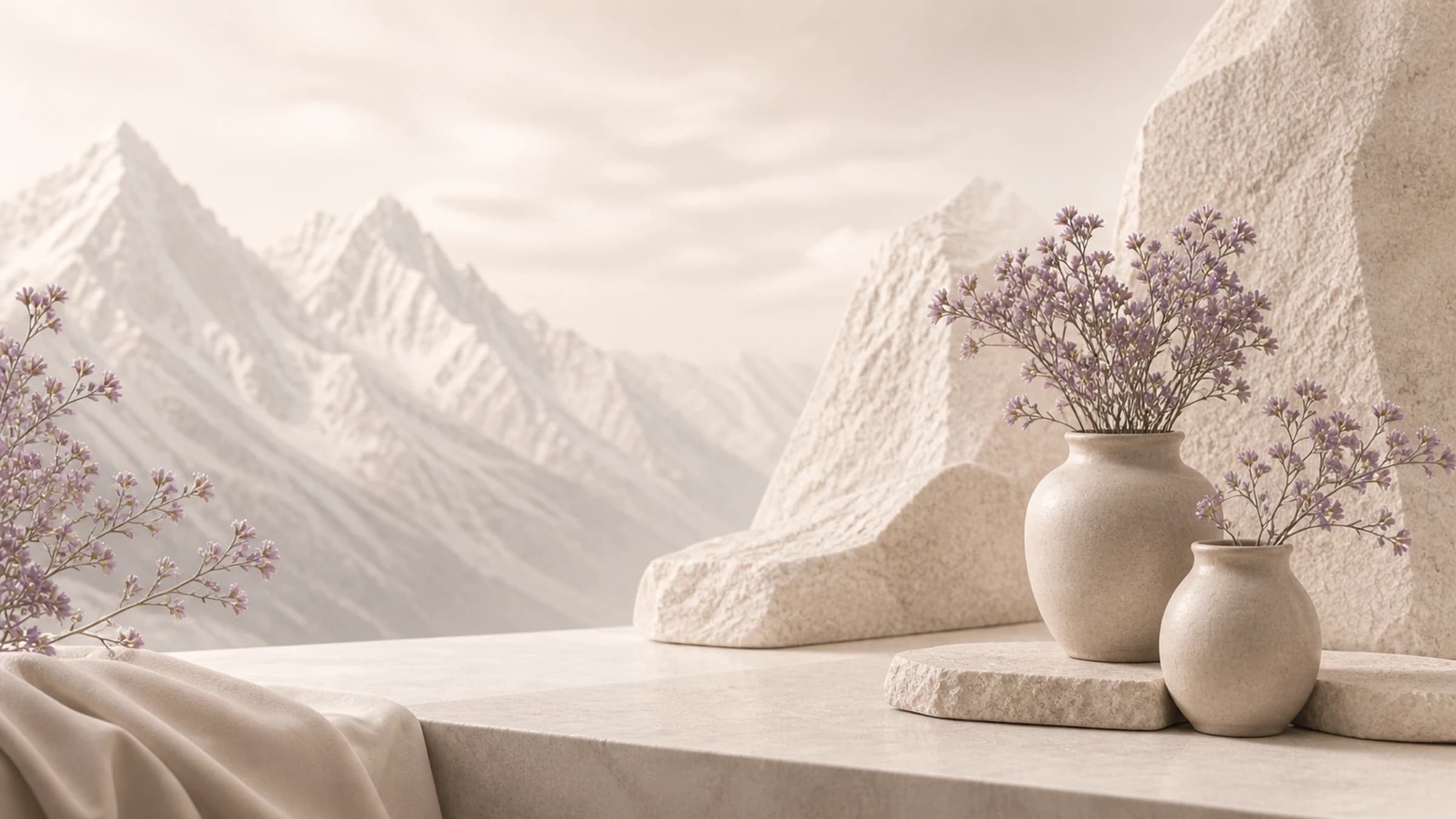 Décor alpin épuré, vases en céramique et fleurs violettes