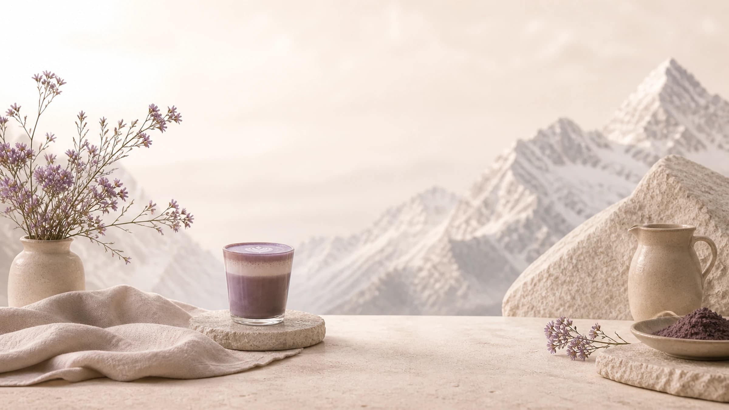 Latte à l'ube devant les sommets enneigés — l'univers UBÉRA