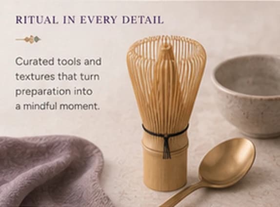 Bamboo whisk and golden spoon resting on natural linen, the tools of the UBÉRA ritual