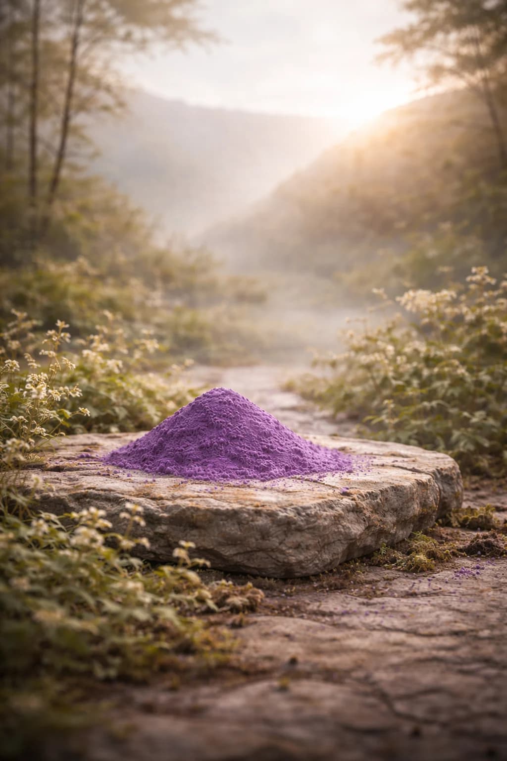 Violettes Ube-Pulver auf einem flachen Stein, auf einem Waldweg in goldenem Licht
