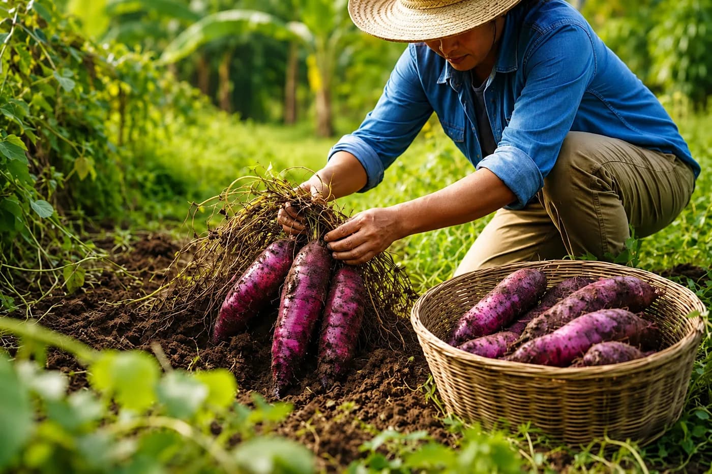 Freshly dug purple yams being harvested in a field, in the Philippines