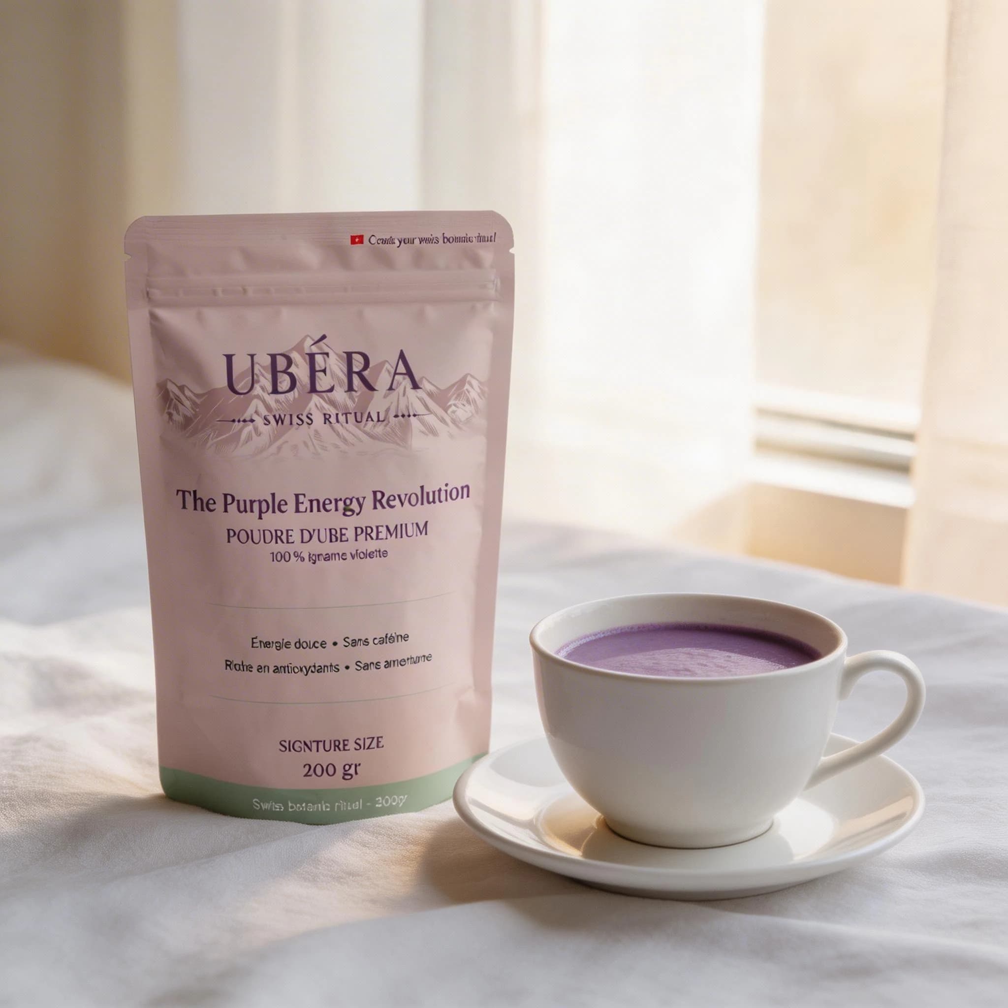 Ube latte and UBÉRA pouch in the soft light of a window