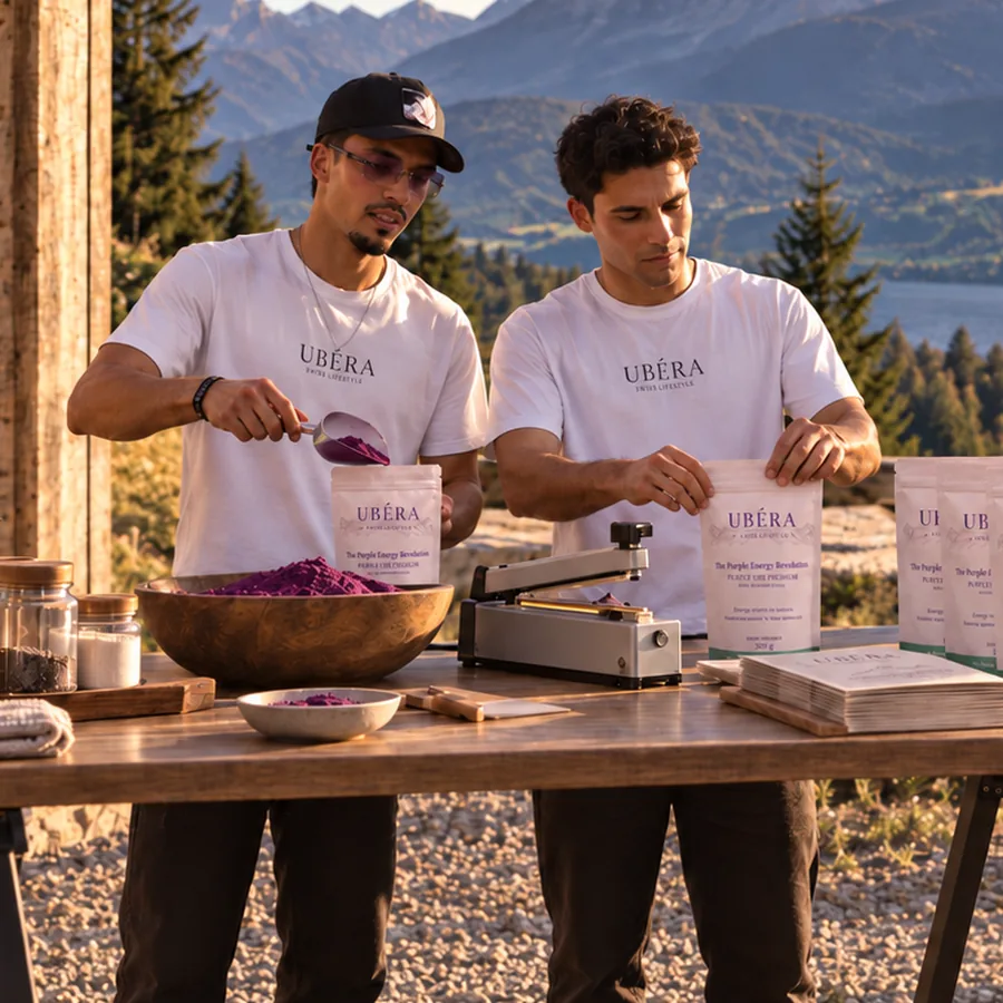 UBÉRA 200 g pouches being filled and sealed by hand on a worktop, facing the Alps