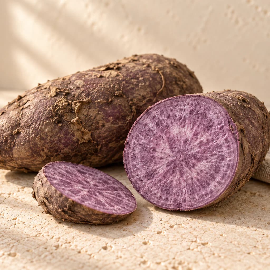 Studio illustration of whole and cut purple yams on a light surface