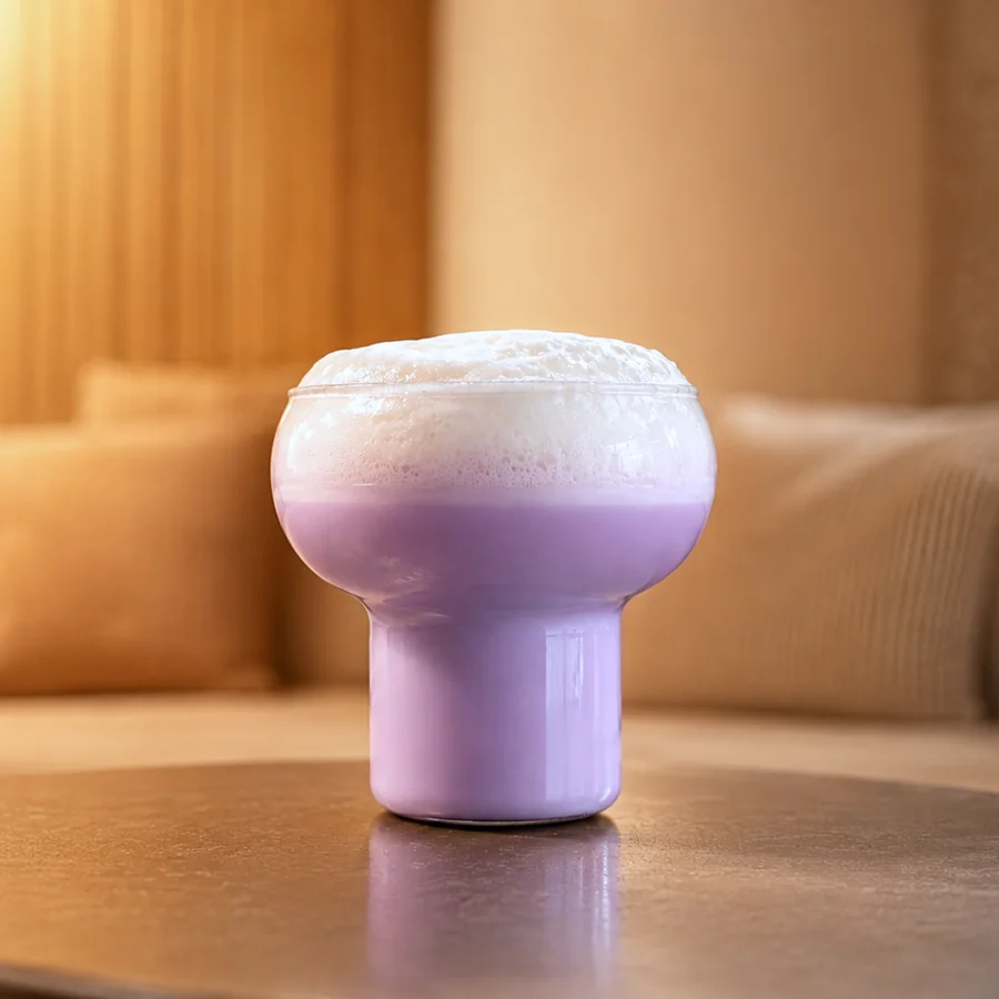 Purple ube latte in a glass, in warm morning light