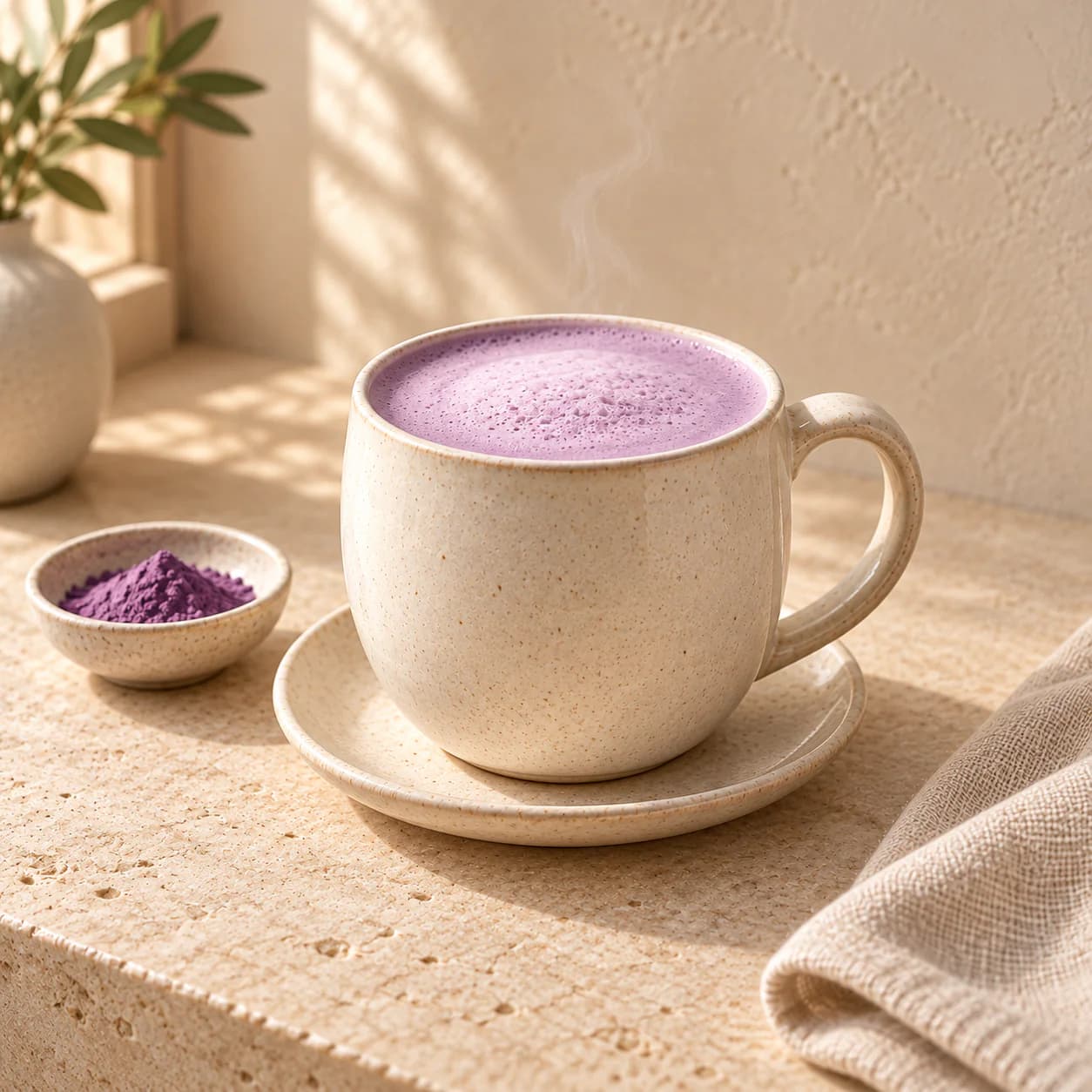 Ube latte in a ceramic cup and saucer beside a small powder bowl on light stone