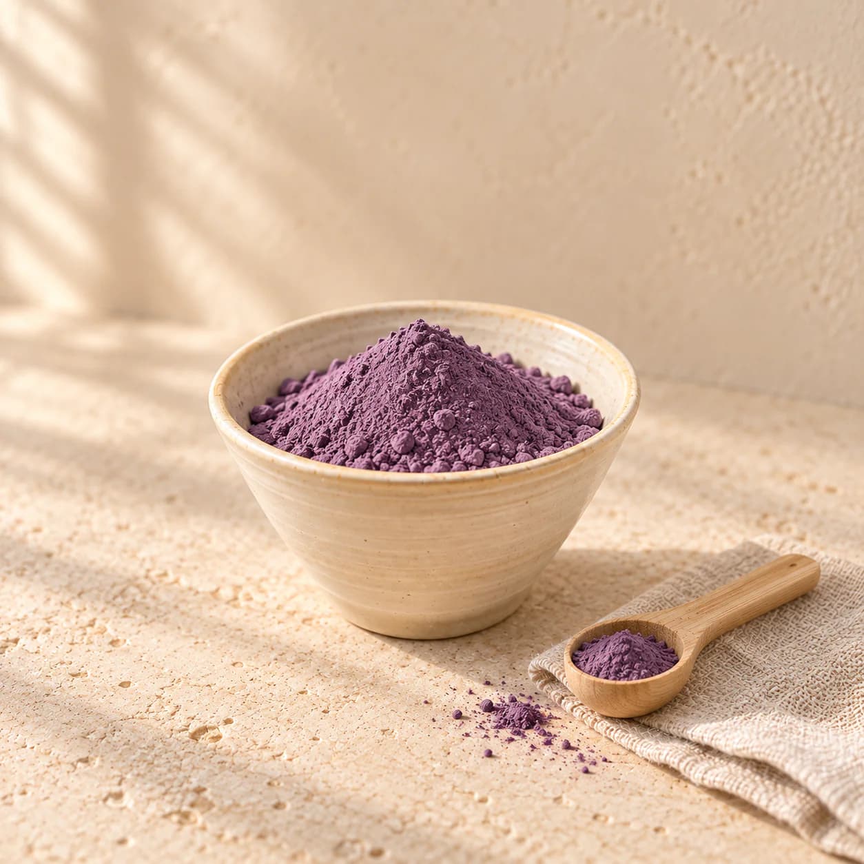 Ceramic bowl of purple ube powder with a bamboo measuring spoon