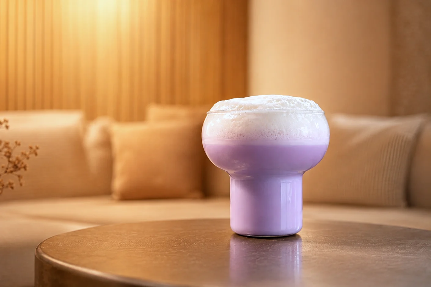 Purple ube latte in a sculptural glass, set on a table in soft morning light
