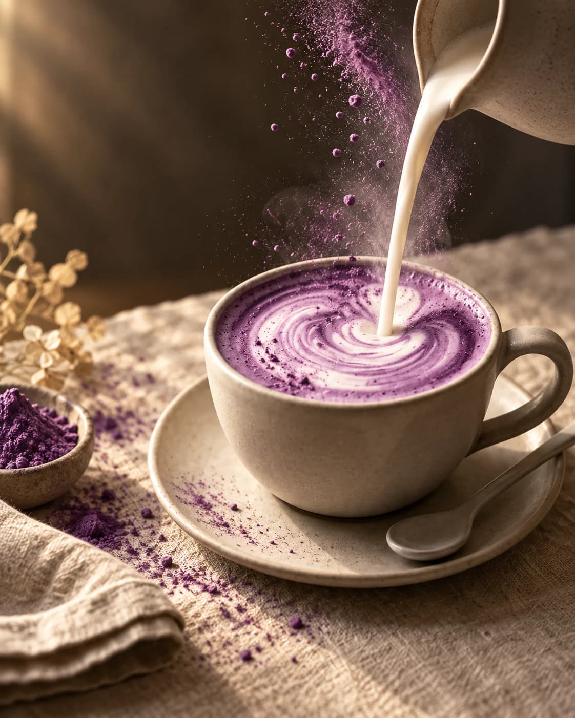 Milch wird in eine Tasse violetten Ube-Latte gegossen, daneben eine kleine Schale Ube-Pulver und ein Löffel auf naturfarbenem Leinen