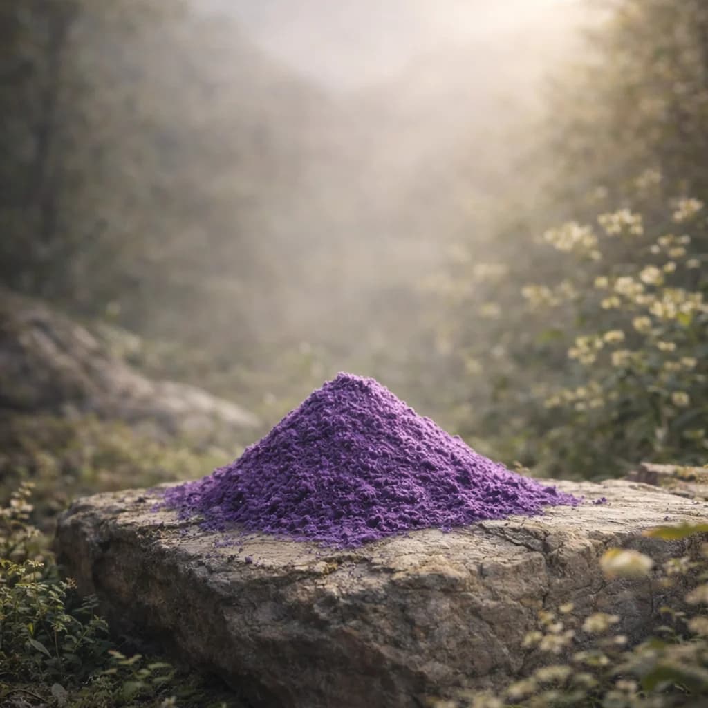 Mound of purple yam powder on a stone, in the morning mist
