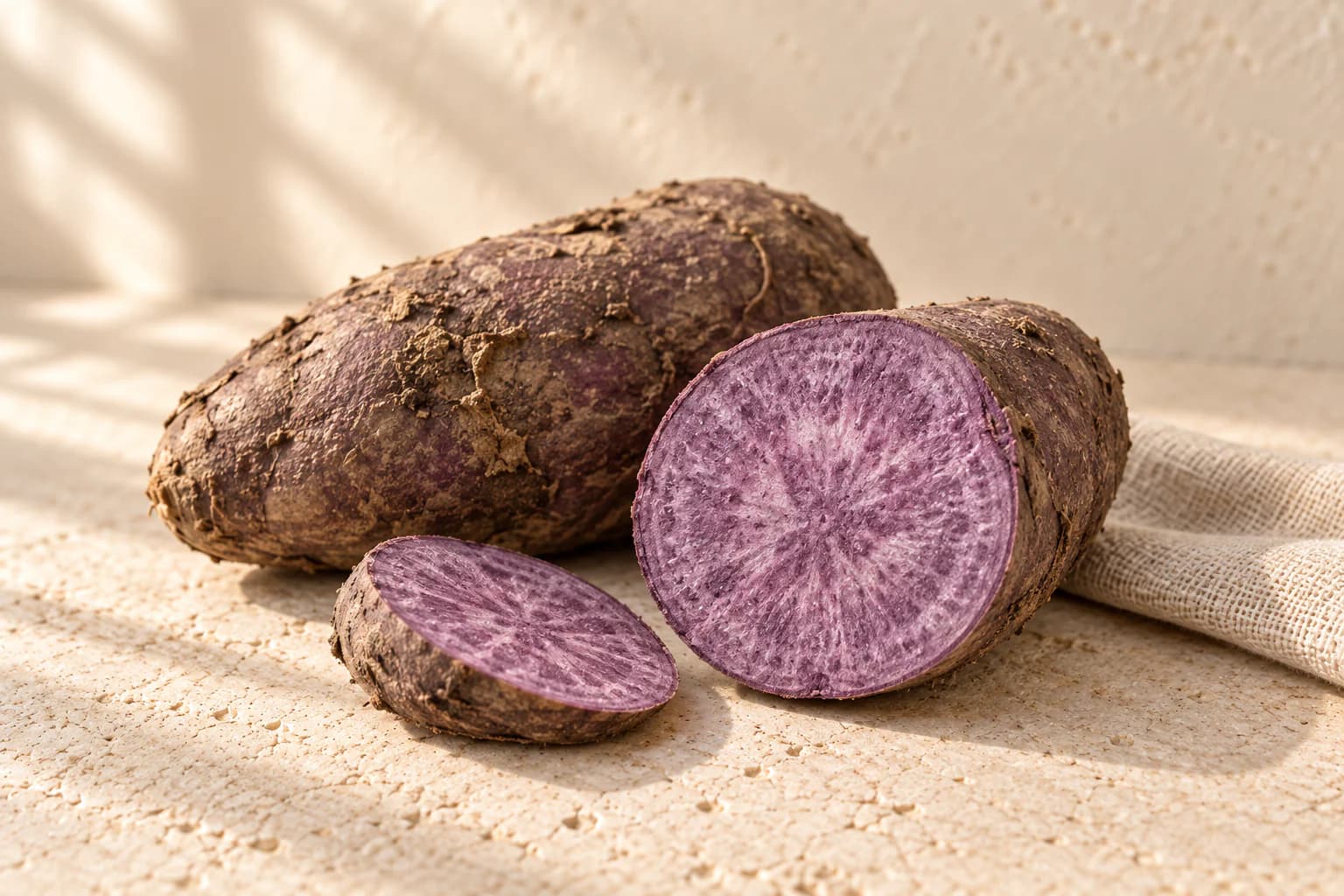 Studio illustration of purple yams, including a cut section showing their purple flesh