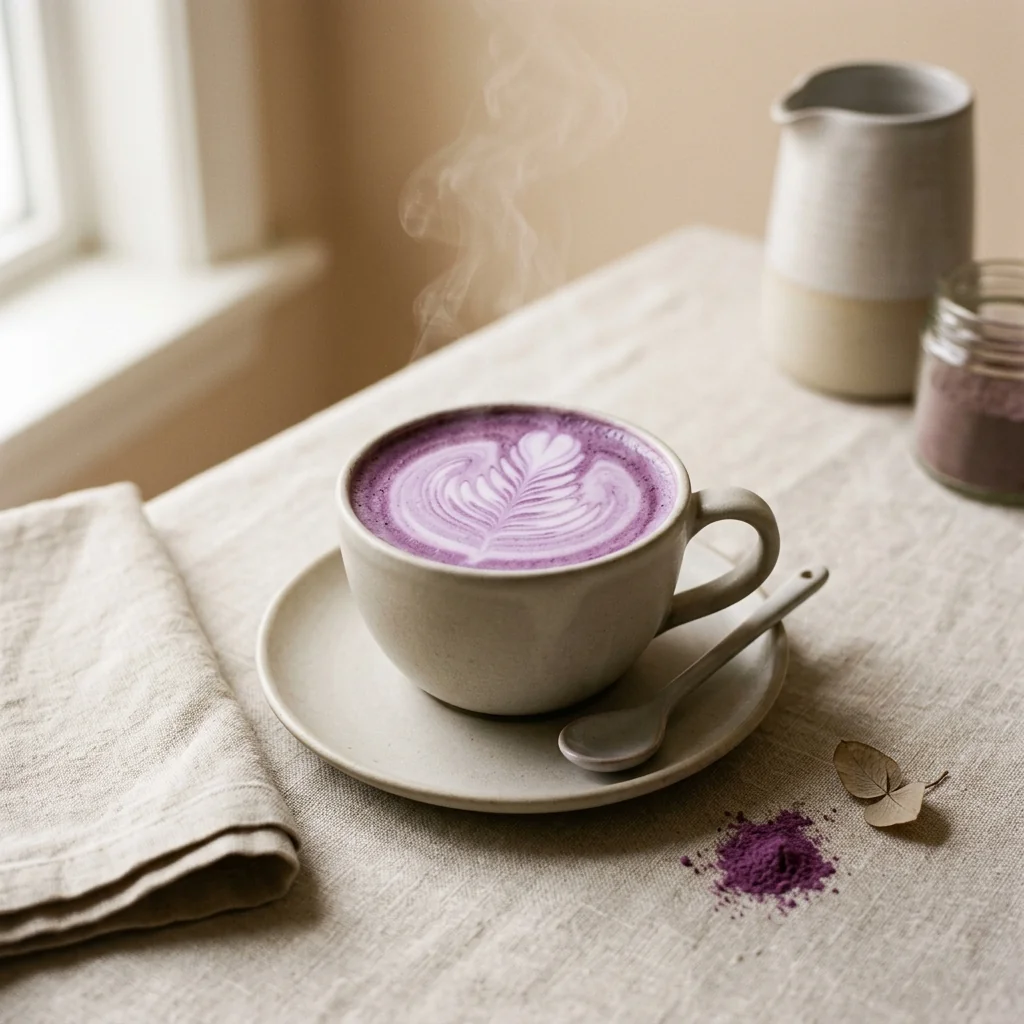 Ube latte signature UBÉRA dans une tasse en céramique