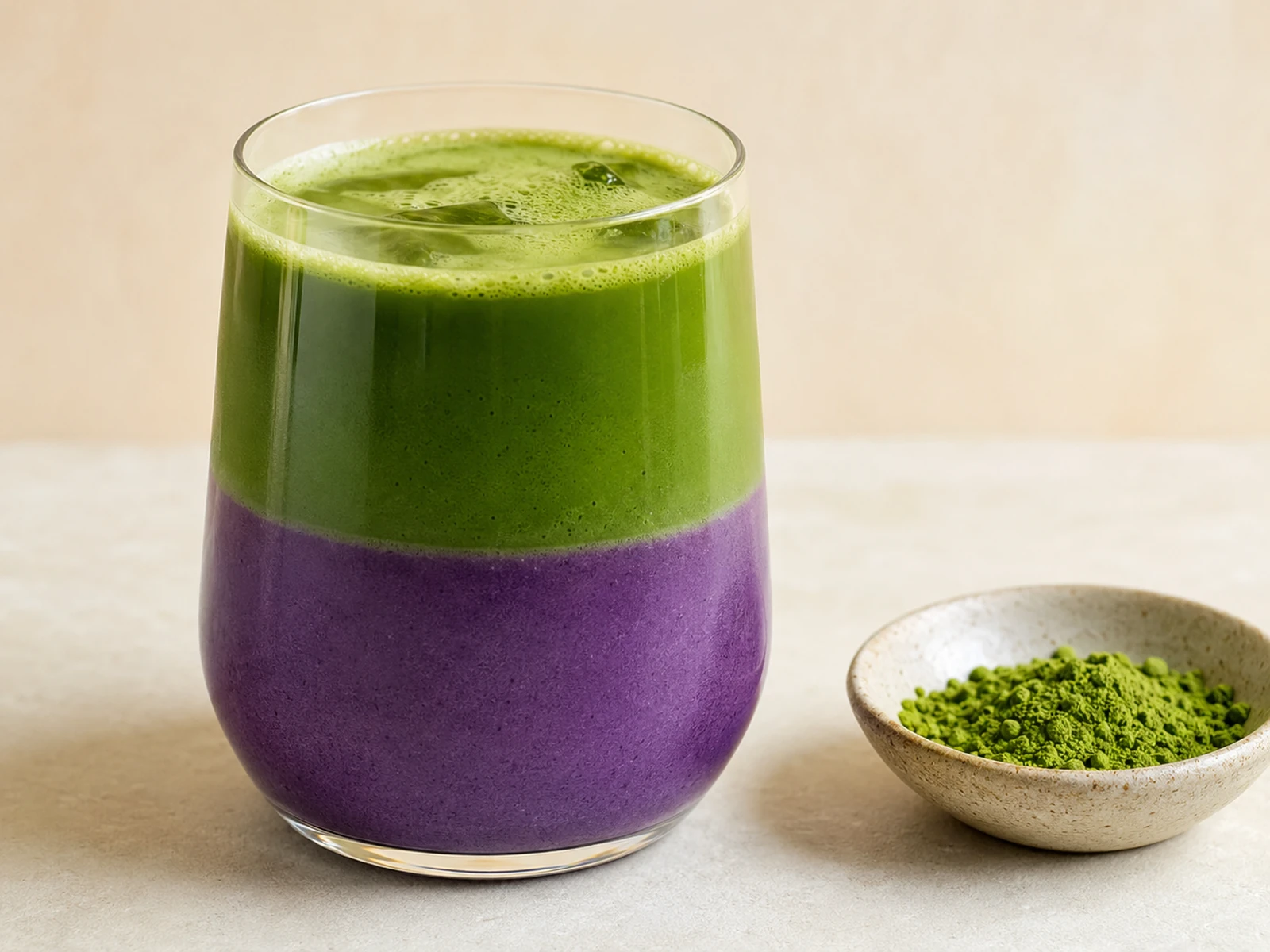 Un latte associant une base violette à l’ube et du matcha vert, visuel UBÉRA